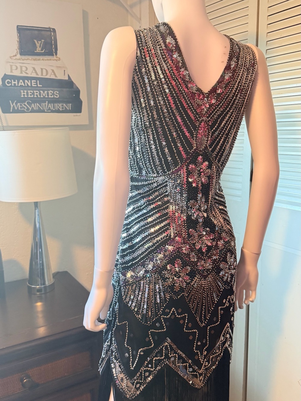 Unique Vintage Black Beaded 1920s‎ Flapper Fringe Dress Size S - Picture 10 of 16